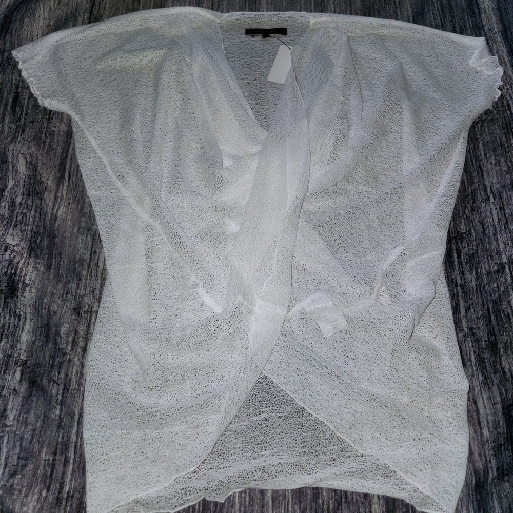 Colleen Lopez White Open Knit Mesh Twist‎ Front Cardigan Top Cover Up XS/S